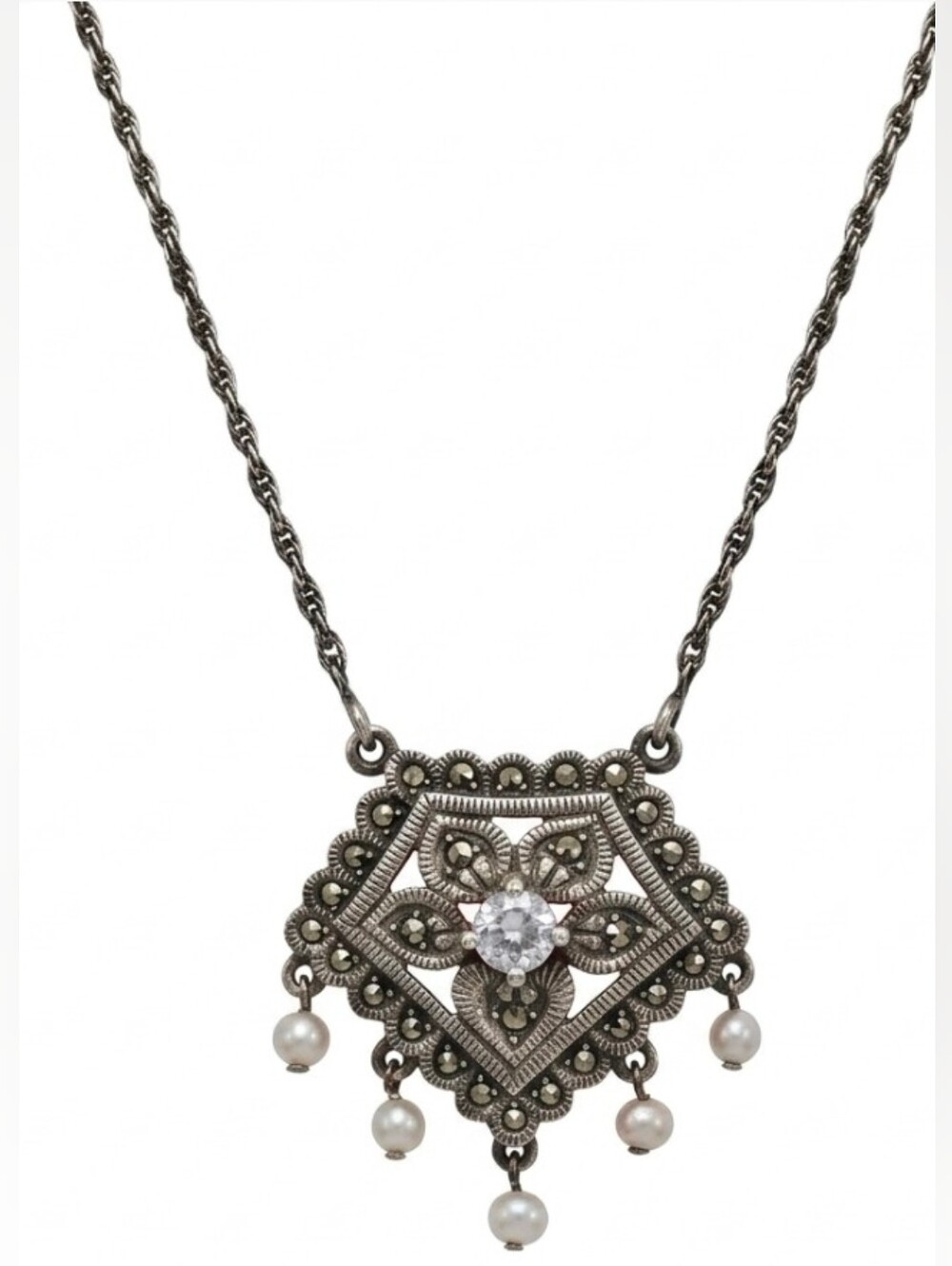 Vintage Art Deco Marcasite & Pearl Necklace Sterling Silver 18"